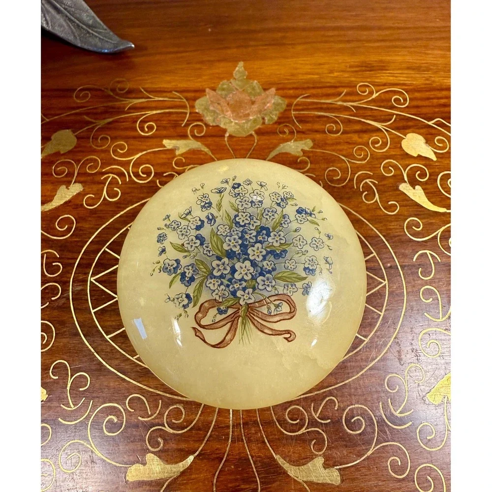 Vintage Alabaster Trinket Box • Forget-Me-Not Floral Stone Jewelry Box